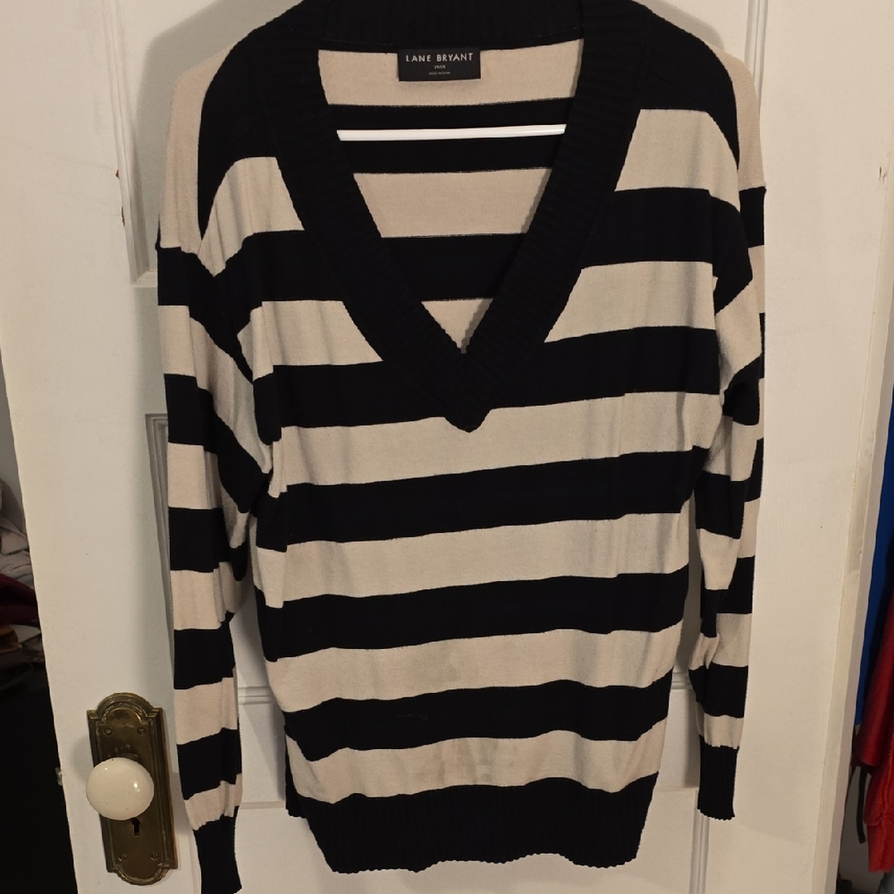 Lane Bryant V-Neck Sweater in Black and White Stripes